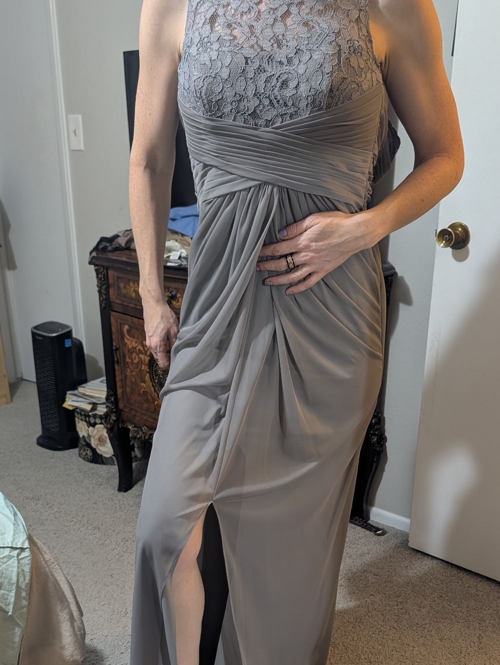 Davids bridal Lace Bodice Sleeveless Dress in Gray